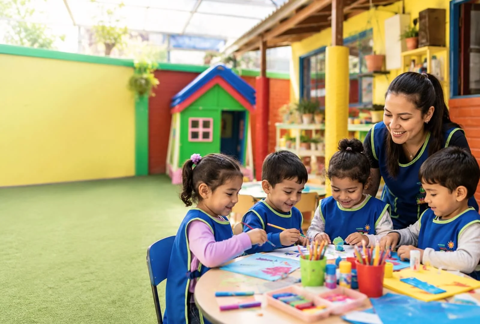 Niños y niñas participando en una actividad creativa junto a una educadora