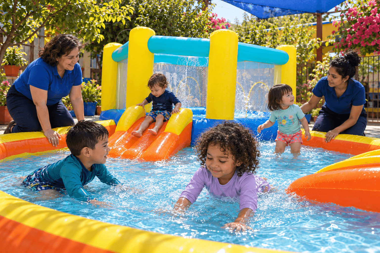 Niños y niñas disfrutando juegos de agua en una piscina inflable