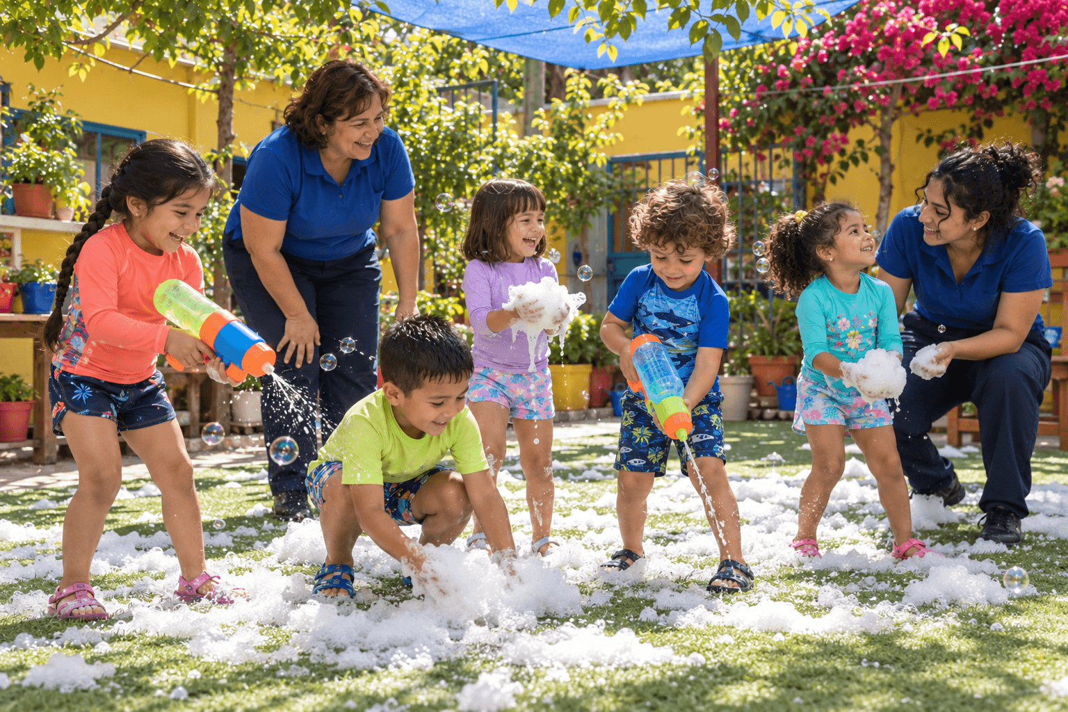 Recreación de niños y niñas jugando con espuma y pistolas de agua en un patio de jardín infantil