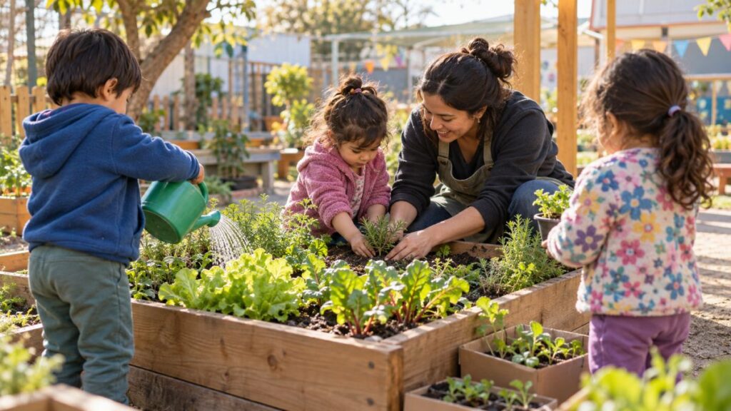 Niños y niñas cuidan un huerto educativo junto a una educadora